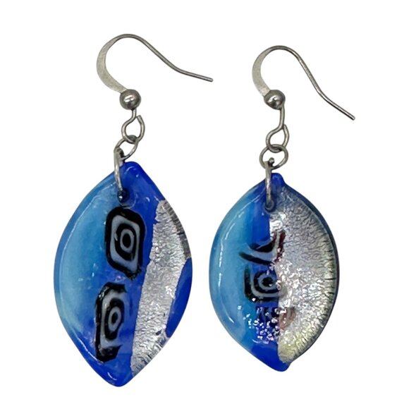 Handcrafted Fused Glass Necklace Earrings Set Blue Abstract Design Sheer Ribbon - Picture 7 of 13